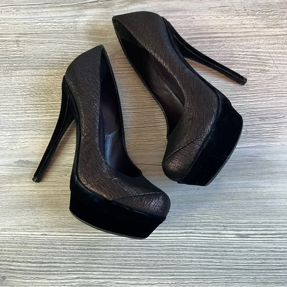 RODO + Talbot Runhof platform velvet and metallic sheen high heel stilettos sz 6
